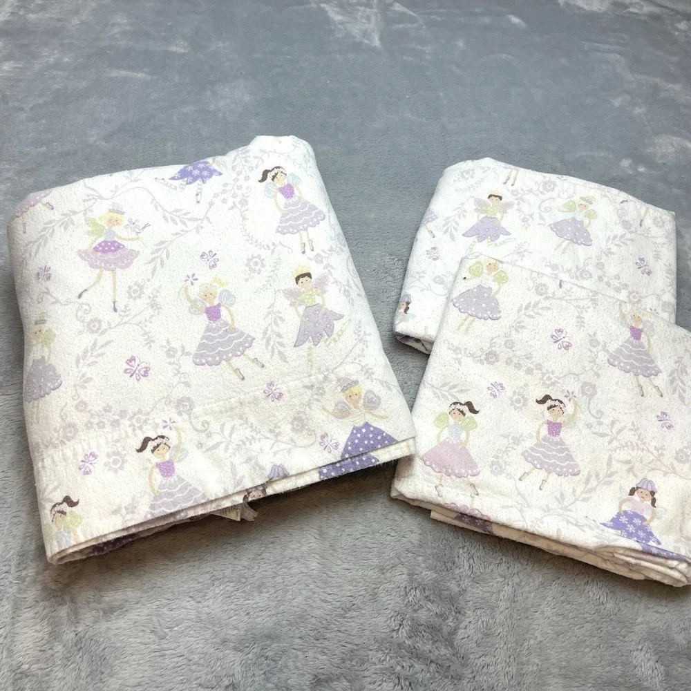 Pottery Barn Kids Fairy Flat Sheet 2 Standard Pillowcases Full Queen‎ Flannel